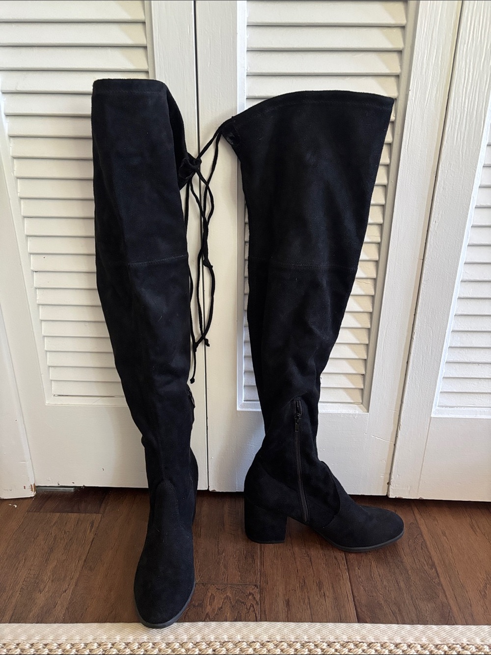 Unisa Black Over-the-Knee Suede-Look Boots with Back Tie